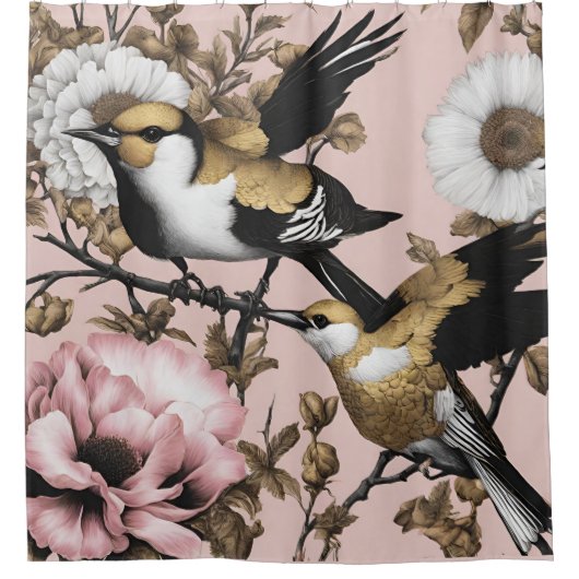 Vet Bloemen Vogels Roze Goud Modern Douchegordijn (Voorkant)