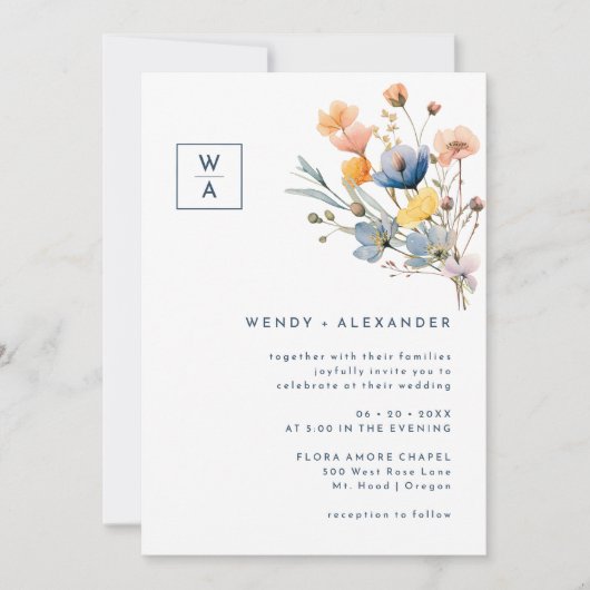 Vet Elegant Bloemen Monogram Crest Bruiloft Kaart (Voorkant)