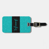 Vet Elegant Zwart & Turquoise Bloemen Damasks 2 Bagagelabel (Voorkant horizontaal)