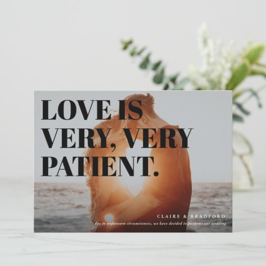 Vet en Cheeky Typographic Postponed Wedding Aankondiging (Staand voorkant)