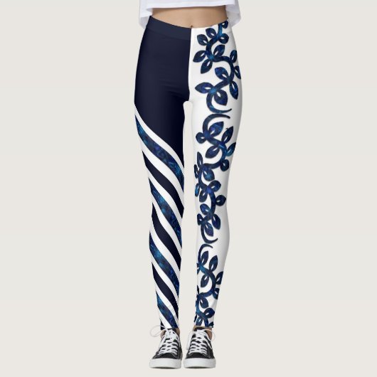 Vet en prachtig wit en blauw ontwerp leggings (Voorkant)