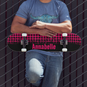 Vet Fushion Fuchsia Roze en Zwart Geruit Skateboard