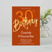 Vet gebrand Sinaasappel 30e verjaardag goud Folie Uitnodiging (Staand Voorkant)