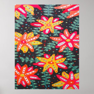 Vet Geel en Oranje Bloemen Zwart Poster