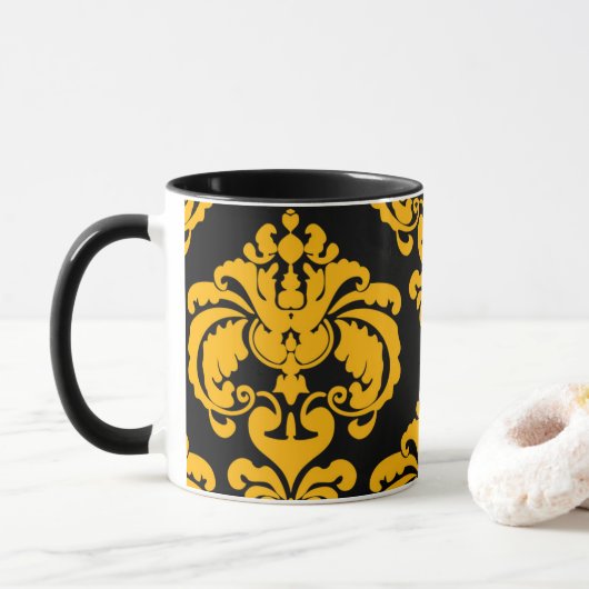 Vet Geel & Zwart Elegant Chic Damask Patroon Mok (Met donut)