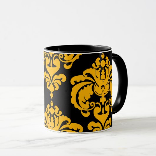Vet Geel & Zwart Elegant Chic Damask Patroon Mok (Voorkant rechts)