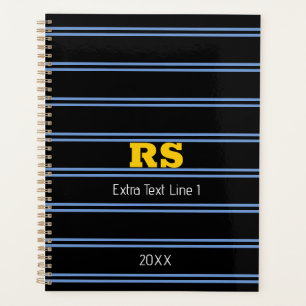 Vet Goud Monogram, Naam, Blauwe Lijnen op Zwart Planner