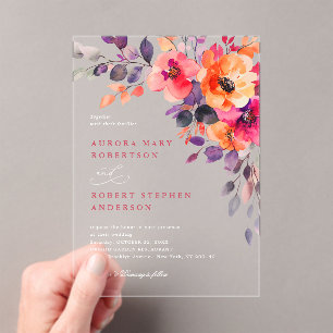 Vet Helder Roze Sinaasappel Waterverf Bloemen Huwe Acryl Uitnodigingen