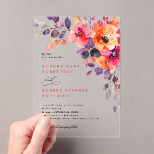 Vet Helder Roze Sinaasappel Waterverf Bloemen Huwe Acryl Uitnodigingen