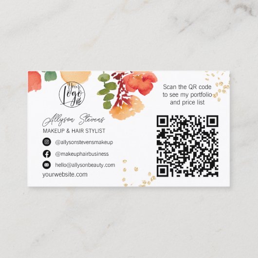 Vet herfst bloemengoud make-up haar logo qr code visitekaartje (Achterkant)