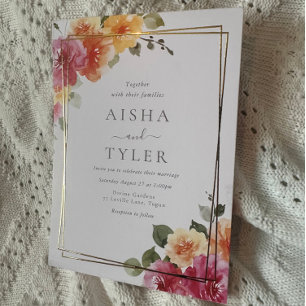 Vet Kleurrijke Bloemen Trouwgoud Folie Uitnodiging