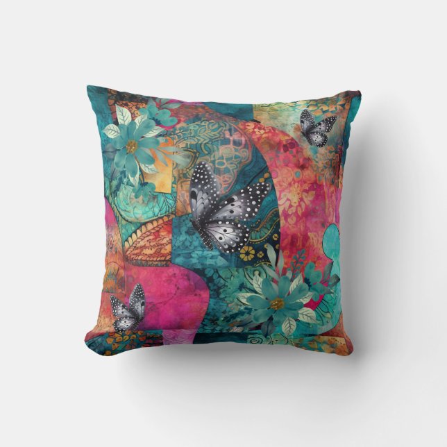 Vet Kleurrijke Boho Bloemen Patchwork Patchwork Pa Kussen (Voorkant)