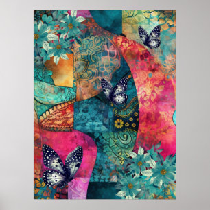 Vet Kleurrijke Boho Floral Butterfly Abstracte Kun Poster