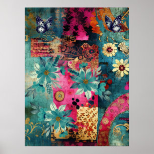 Vet Kleurrijke Boho Floral Butterfly Abstracte Kun Poster