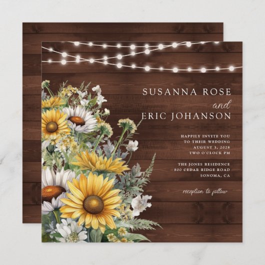 Vet Land Zonnebloem Hout String Lights Bruiloft Kaart (Voorkant / Achterkant)