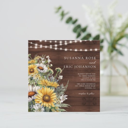 Vet Land Zonnebloem Hout String Lights Bruiloft Kaart (Staand voorkant)