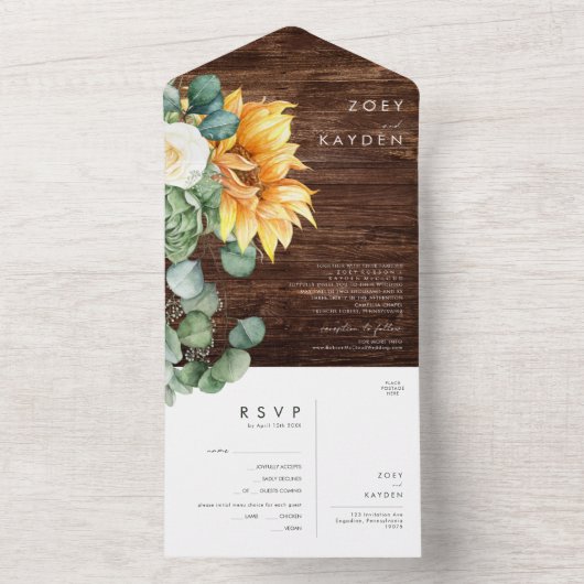 Vet land Zonnebloem | Houtzegel en vervoer All In One Uitnodiging (Binnen)