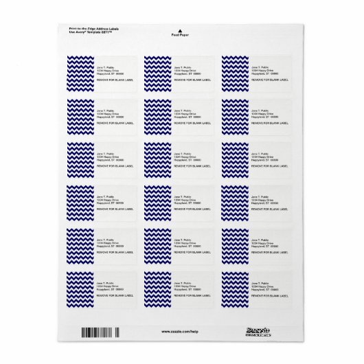 Vet marinesblauw en wit Chevron Zig-Zag Pattern Etiket (Full Sheet)
