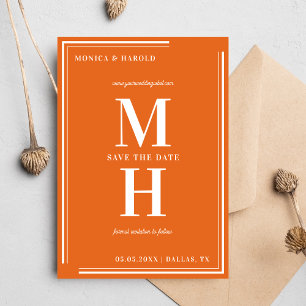 Vet minimalistisch monogram helder Oranje huwelijk Save The Date