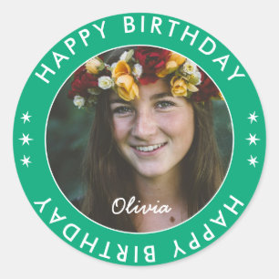 Vet Modern Eenvoudig Groen Happy Birthday Foto Ronde Sticker