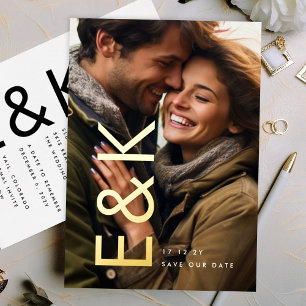 Vet Modern Goud Foto Monogram Save Our Date Folie Uitnodiging