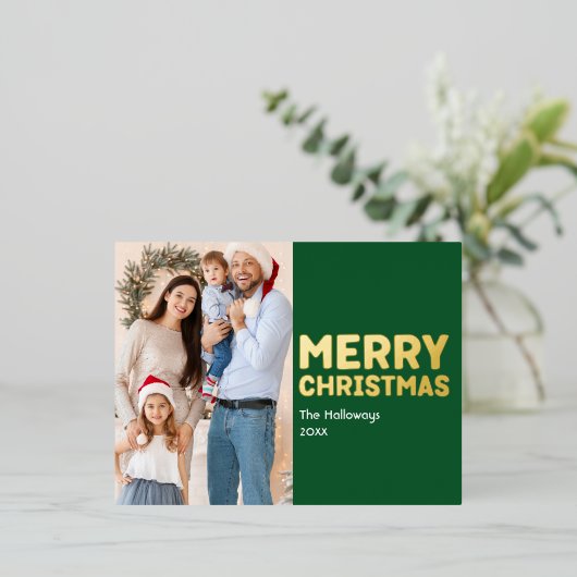 Vet Modern Groen Foto Vrolijk Kerstmis Goud Folie Feestdagen Briefkaart (Staand Voorkant)