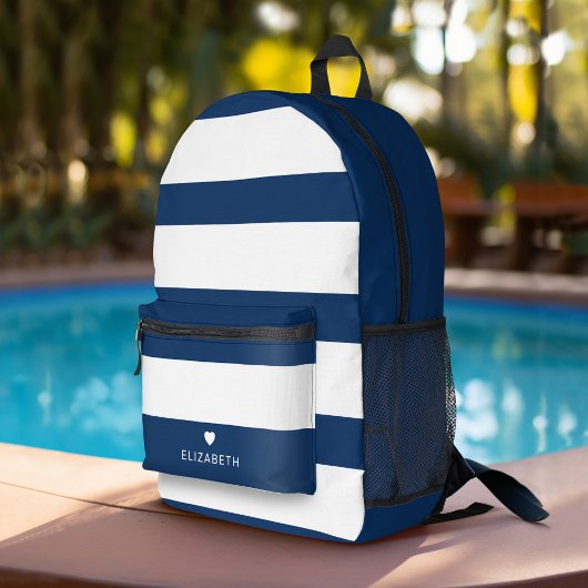 Vet Modern Navy Blauw Gestreept Patroon met Hart Bedrukte Rugzak