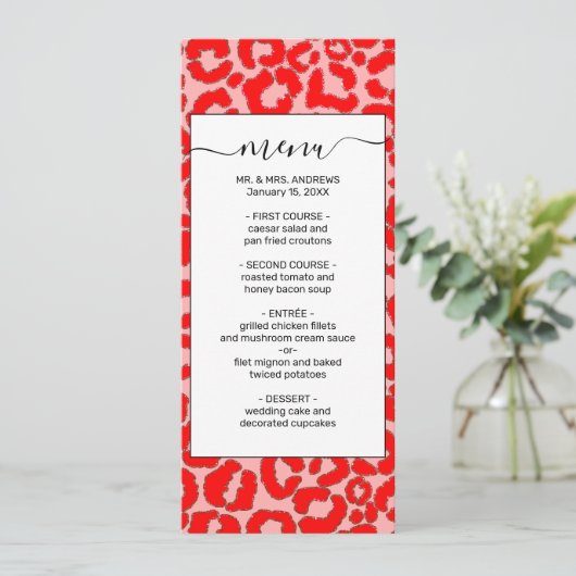 Vet modern rood roze luipaard menu (Staand voorkant)