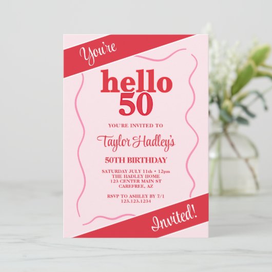 Vet Modern Roze Rood 50ste Verjaardag Kaart (Staand voorkant)