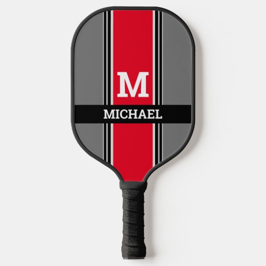 Vet monogram en naam, rode grijze en zwarte strepe pickleball paddle (Voorkant)