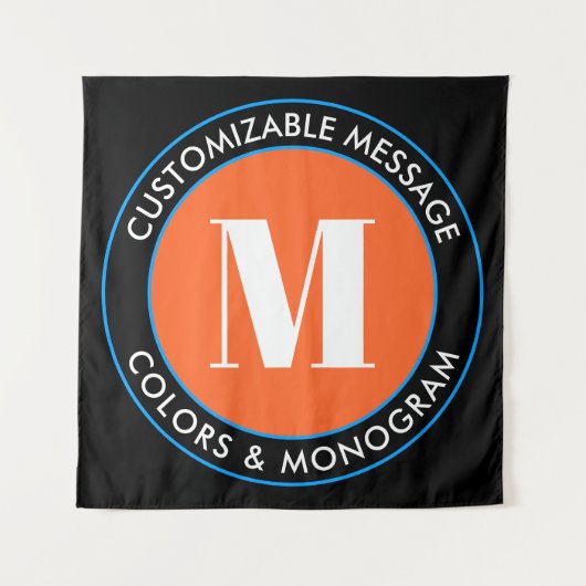 Vet monogram en tekst | Zwart wit Oranje en blauw Wandkleed (Voorkant)