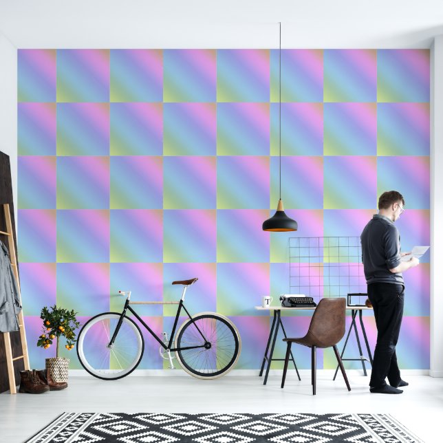 Vet Pastel Rainbow Gradient Square Pattern Behang (Woonkamer)
