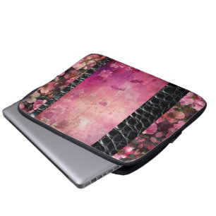 Vet reptiel, roze bloemenzwart laptop sleeve