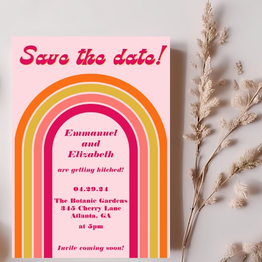 Vet Retro Heet Roze, Sinaasappel & Geel Bruiloft Save The Date