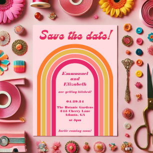 Vet Retro Heet Roze, Sinaasappel & Geel Bruiloft Save The Date