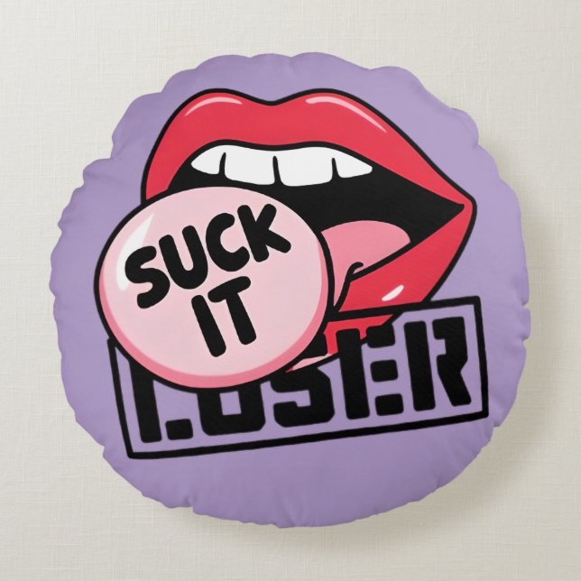 Vet Retro "Suck It" Lips Design Sticker | grappig Rond Kussen (Voorkant)