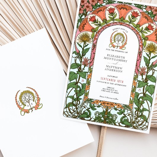 Vet Rood & Gouden Bloemen Art Nouveau bruiloft Kaart