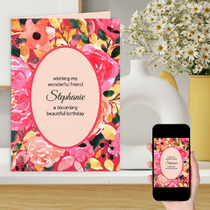 Vet roze Aangepaste Floral Waterverf Birthday Kaart