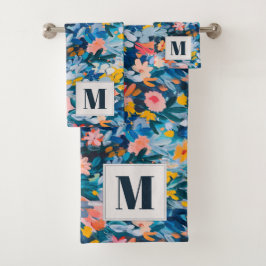 Vet Roze en Blauw Abstracte Bloemmonografie Bad Handdoek