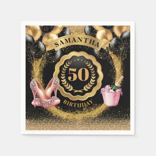 Vet Roze Hakken Servetten met Zwarte Ballon Design (Voorkant)