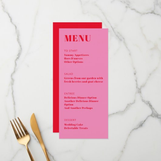 Vet, roze, roodroze, minimalistisch diner menu (Voorkant / Achterkant in situ)