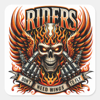 Vet schedelontwerp met vurige vleugels en handen vierkante sticker