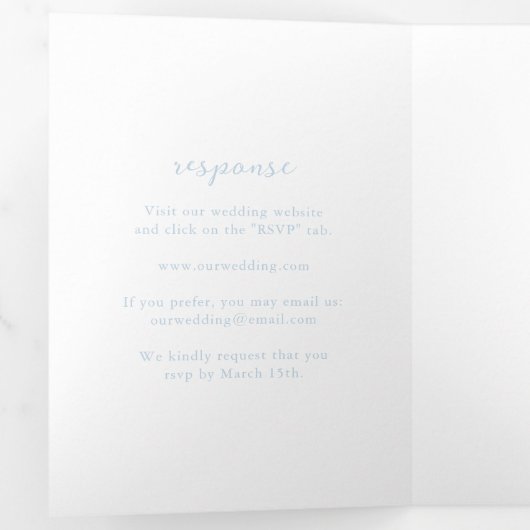 Vet Script Poeder Blauw Elegant Huwelijk Drieluik Uitnodiging (Binnenzijde eerst)