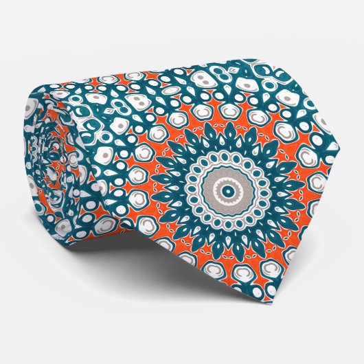 Vet Sinaasappel & Blauwgroen Mandala Geometrische Stropdas (Opgerold)