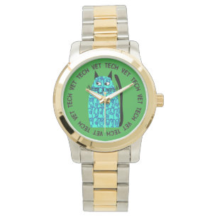Vet Tech Watch whimsical cat Design Blue Horloge