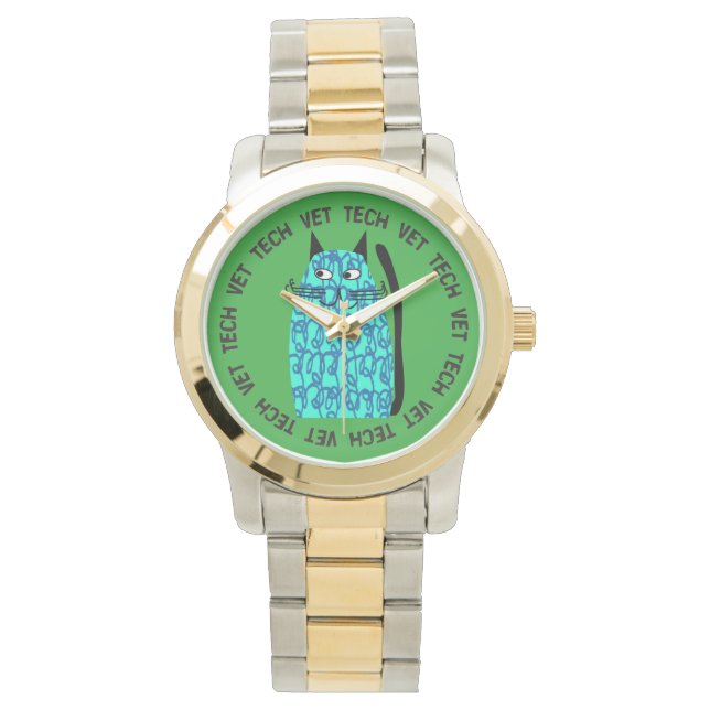 Vet Tech Watch whimsical cat Design Blue Horloge (Voorkant)