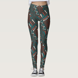 Vet Tribal Geometrisch Patroon in Rood, Blauwgroen Leggings