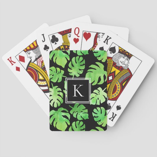 Vet Tropisch Groen Waterverf bladeren Monogram Pokerkaarten (Achterkant)