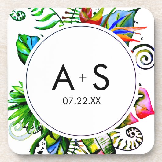 Vet tropisch palmleder met wiet bruiloft monogram onderzetter (Voorkant)