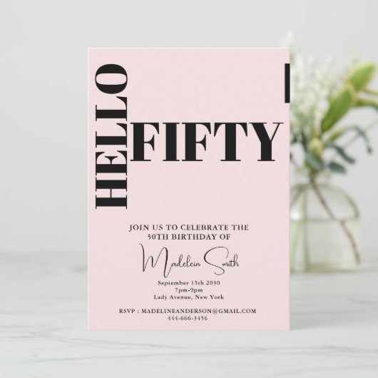 Vet Typografie Blush Pink Modern 50ste Verjaardag Kaart (Staand voorkant)